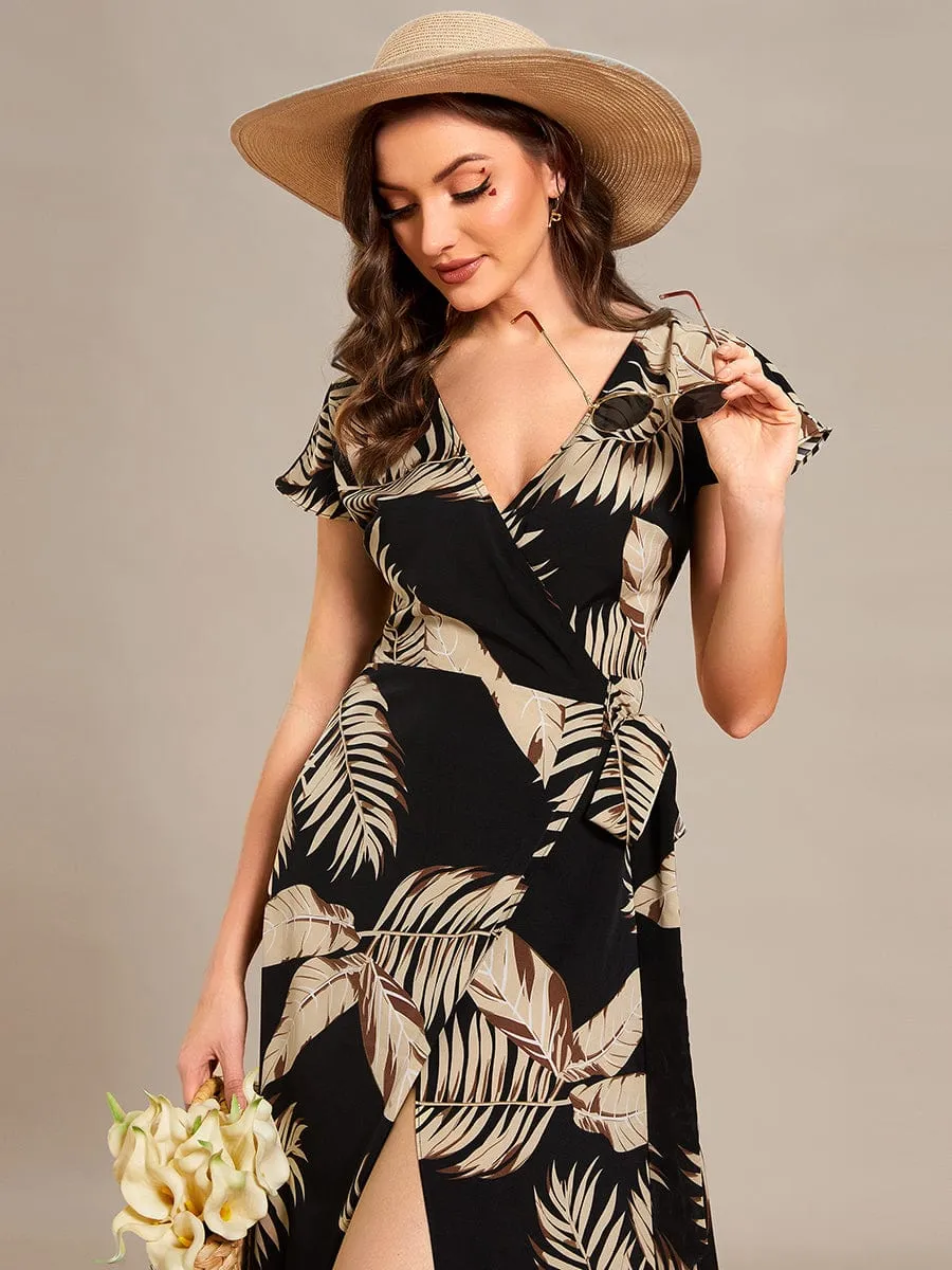 One-Piece Printed Short Sleeve Tie-Waist Wedding Guest Dress(Final Sale)