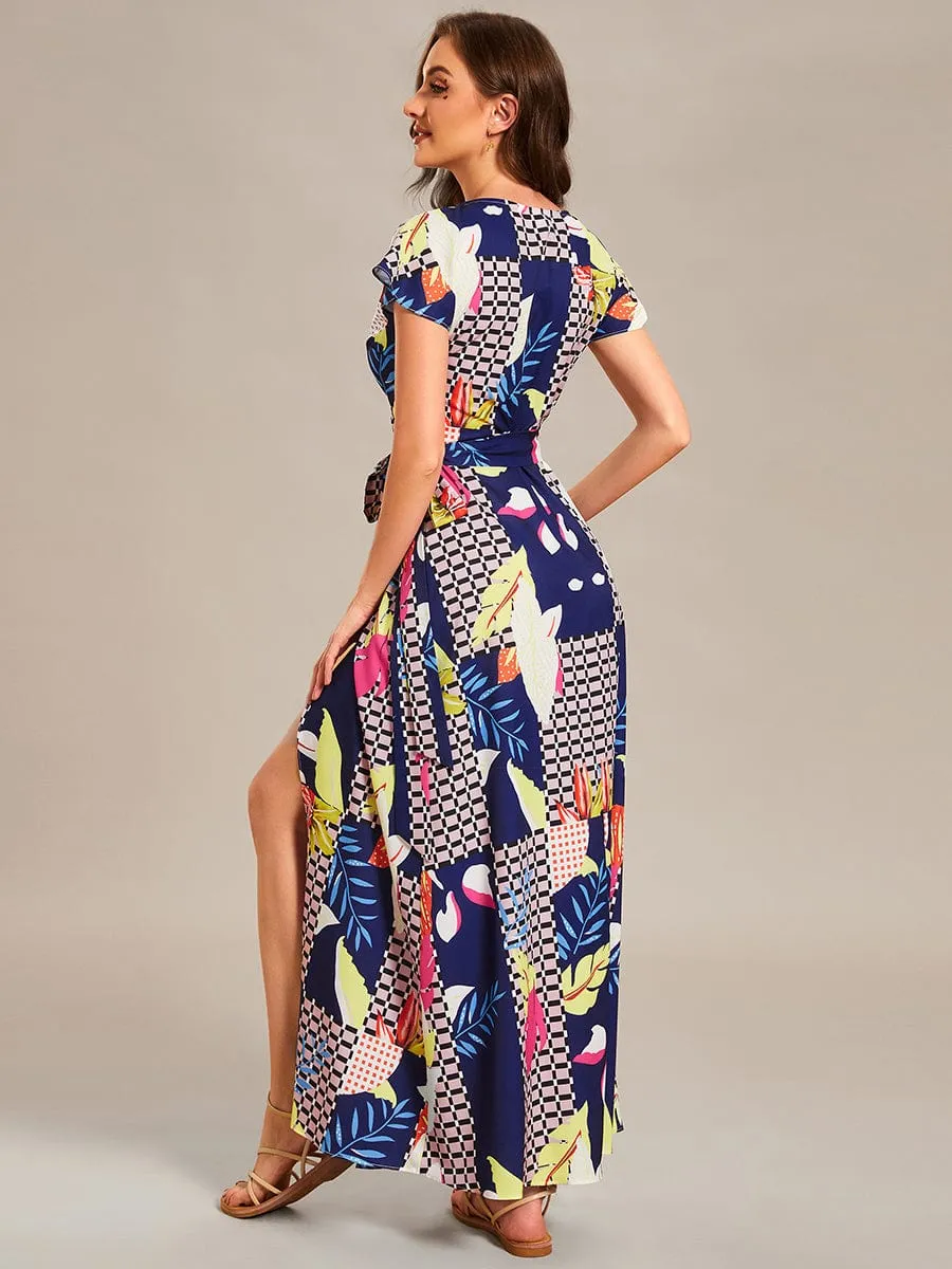 One-Piece Printed Short Sleeve Tie-Waist Wedding Guest Dress(Final Sale)