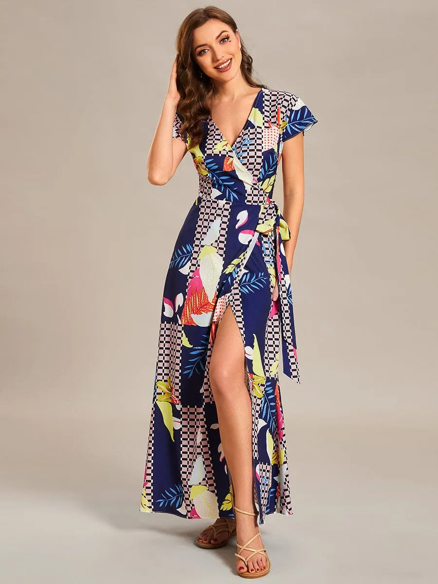 One-Piece Printed Short Sleeve Tie-Waist Wedding Guest Dress(Final Sale)