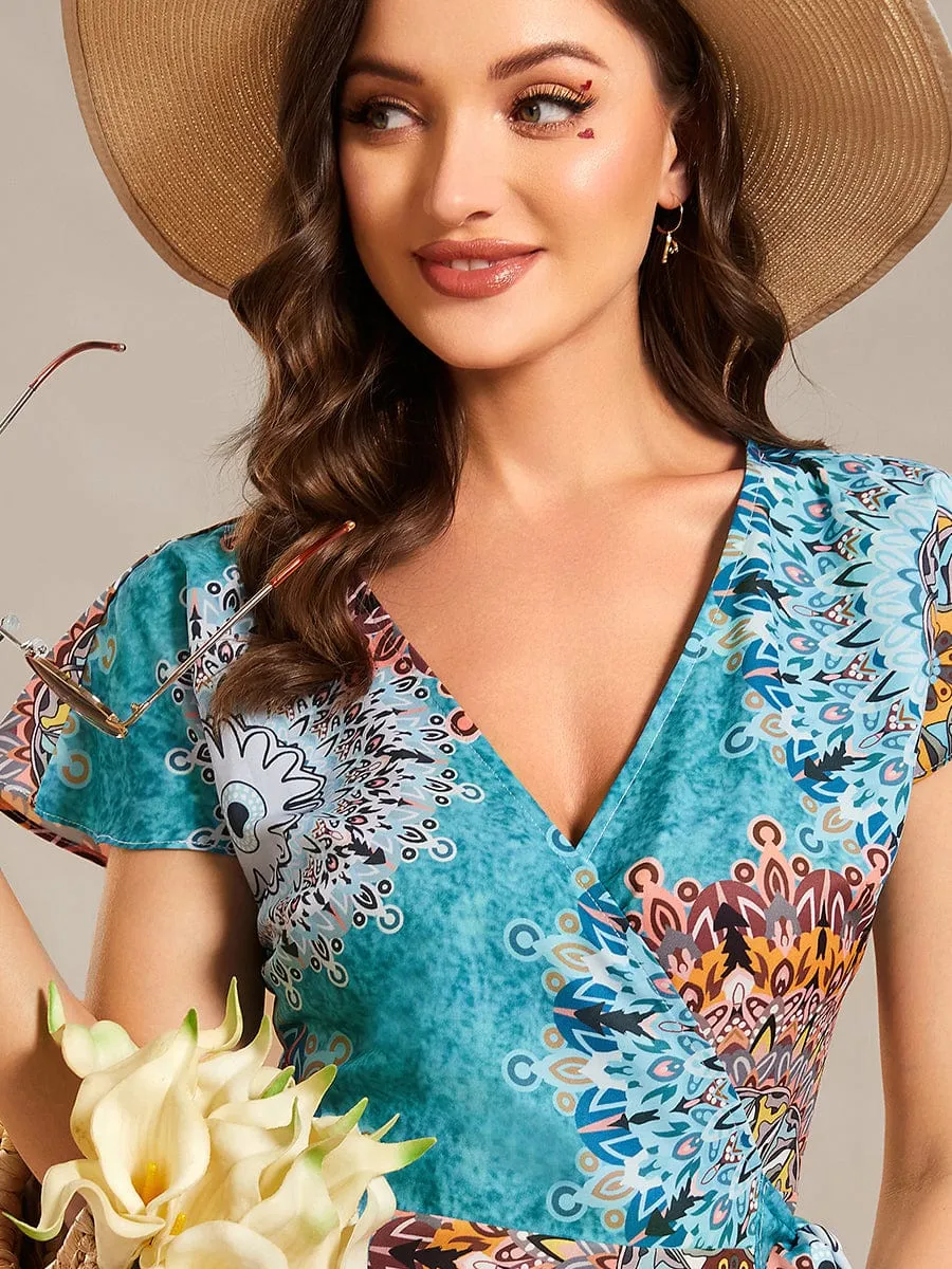 One-Piece Printed Short Sleeve Tie-Waist Wedding Guest Dress(Final Sale)