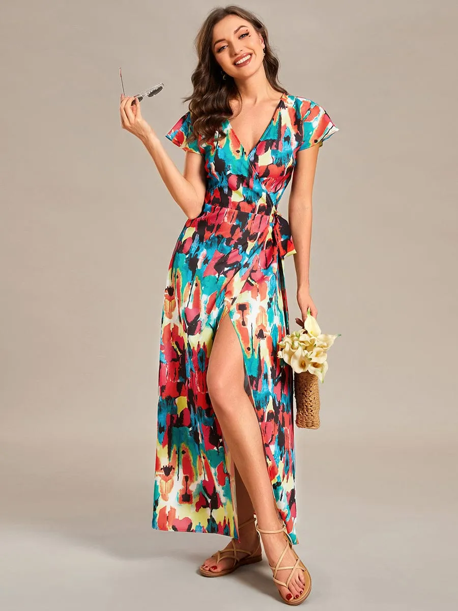 One-Piece Printed Short Sleeve Tie-Waist Wedding Guest Dress(Final Sale)