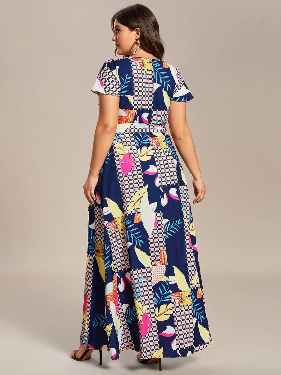 One-Piece Printed Short Sleeve Tie-Waist Wedding Guest Dress(Final Sale)