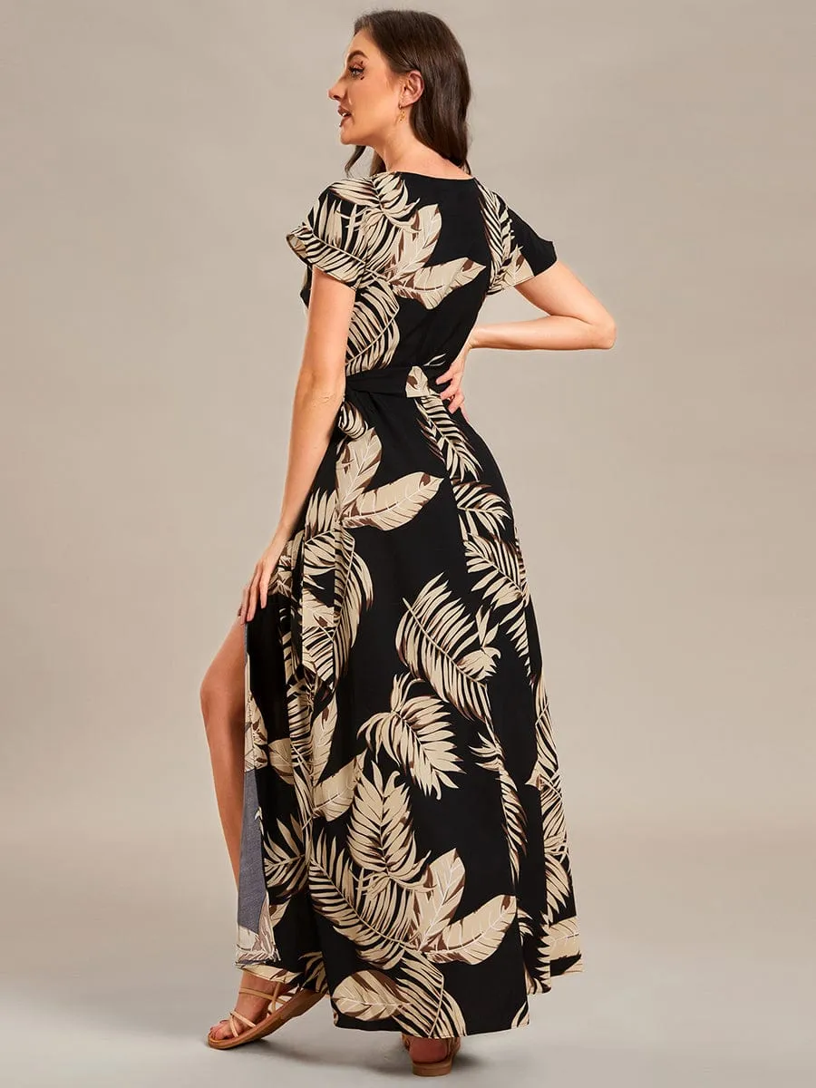 One-Piece Printed Short Sleeve Tie-Waist Wedding Guest Dress(Final Sale)