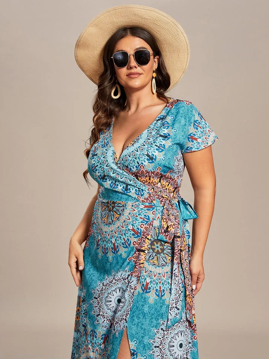 One-Piece Printed Short Sleeve Tie-Waist Wedding Guest Dress(Final Sale)