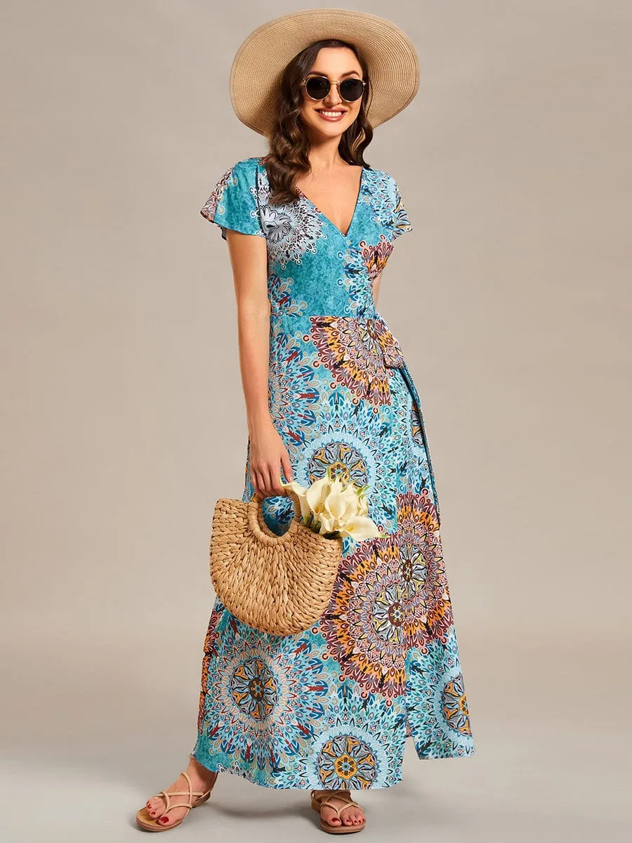 One-Piece Printed Short Sleeve Tie-Waist Wedding Guest Dress(Final Sale)