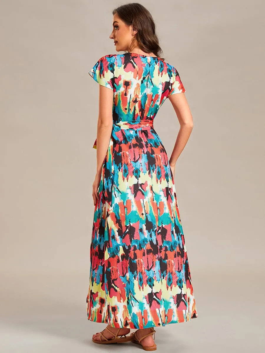 One-Piece Printed Short Sleeve Tie-Waist Wedding Guest Dress(Final Sale)