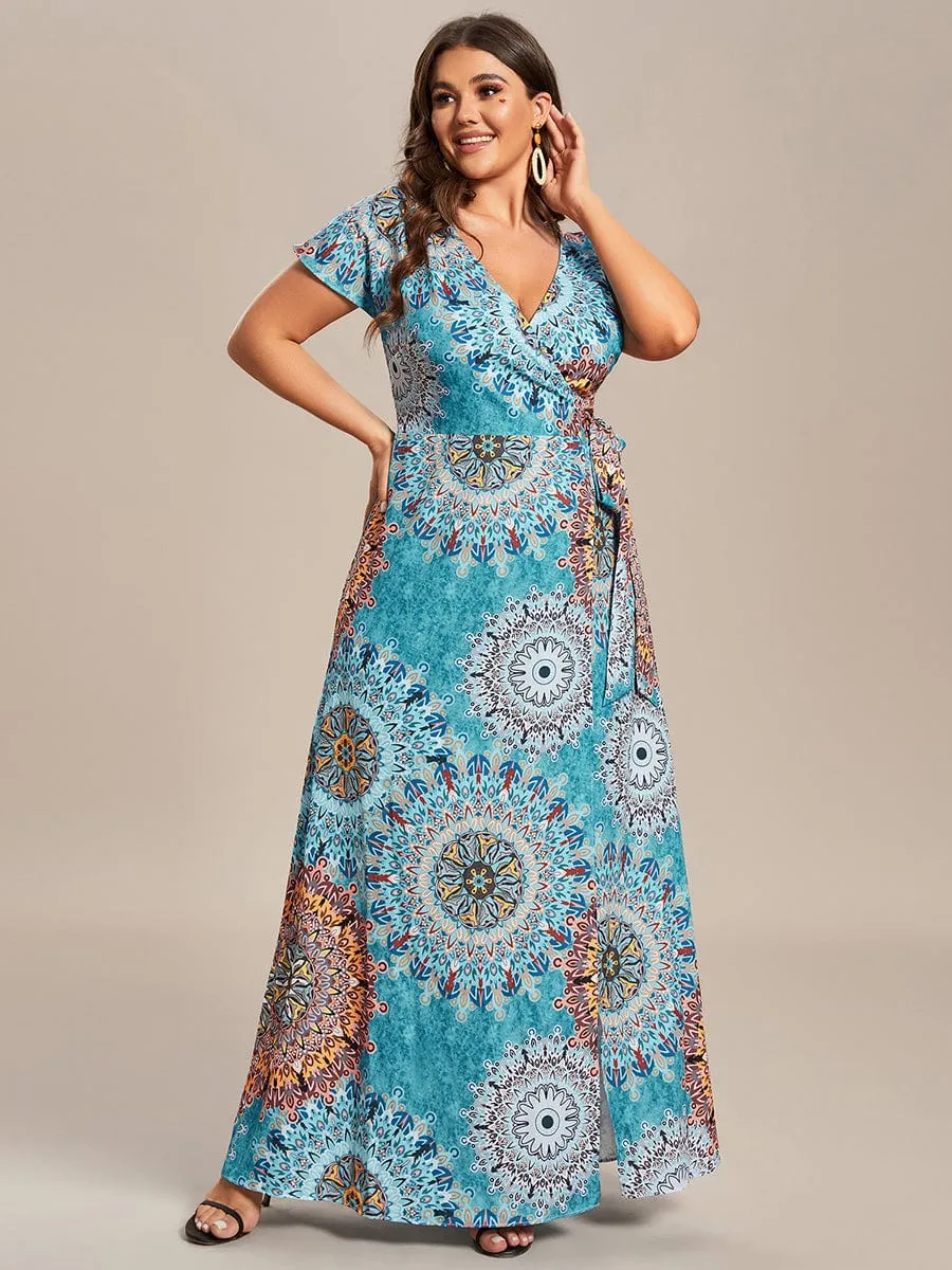 One-Piece Printed Short Sleeve Tie-Waist Wedding Guest Dress(Final Sale)