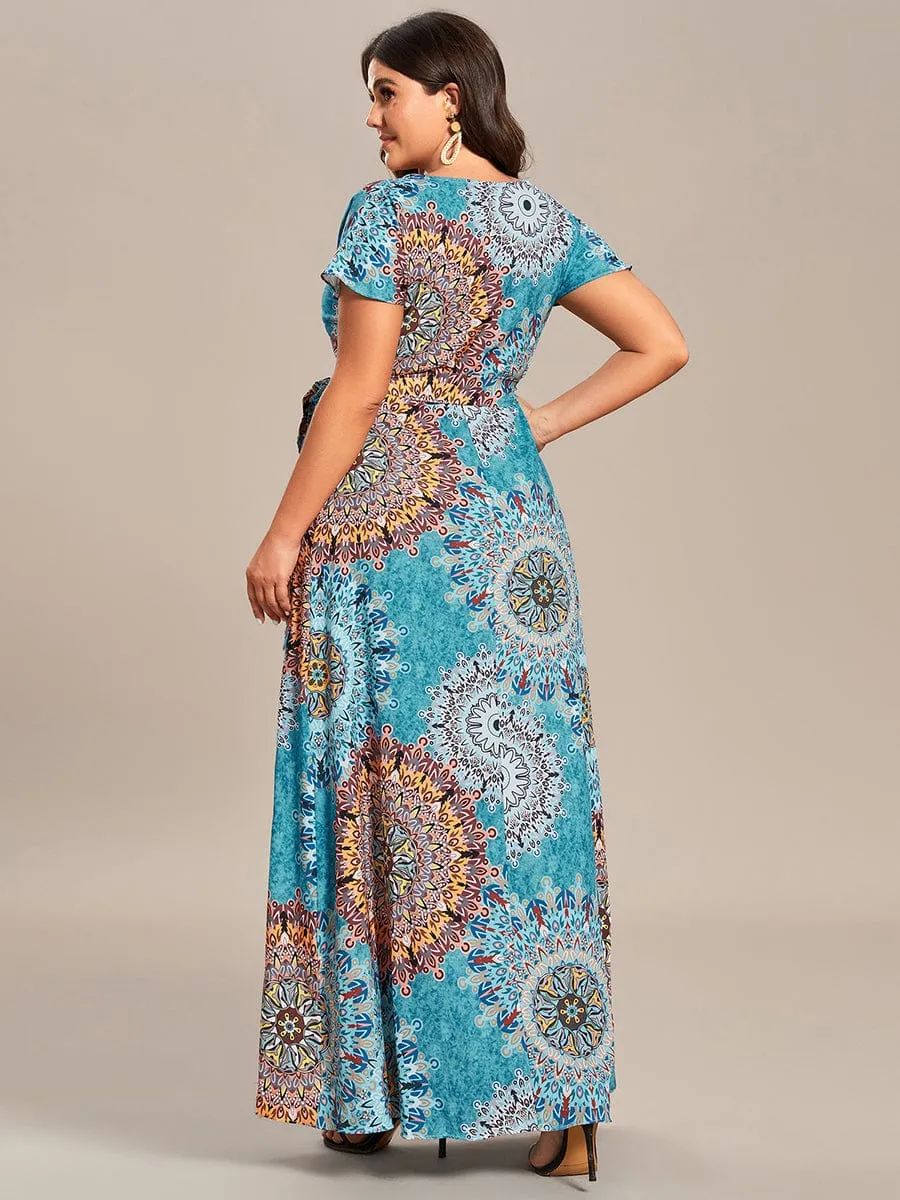 One-Piece Printed Short Sleeve Tie-Waist Wedding Guest Dress(Final Sale)
