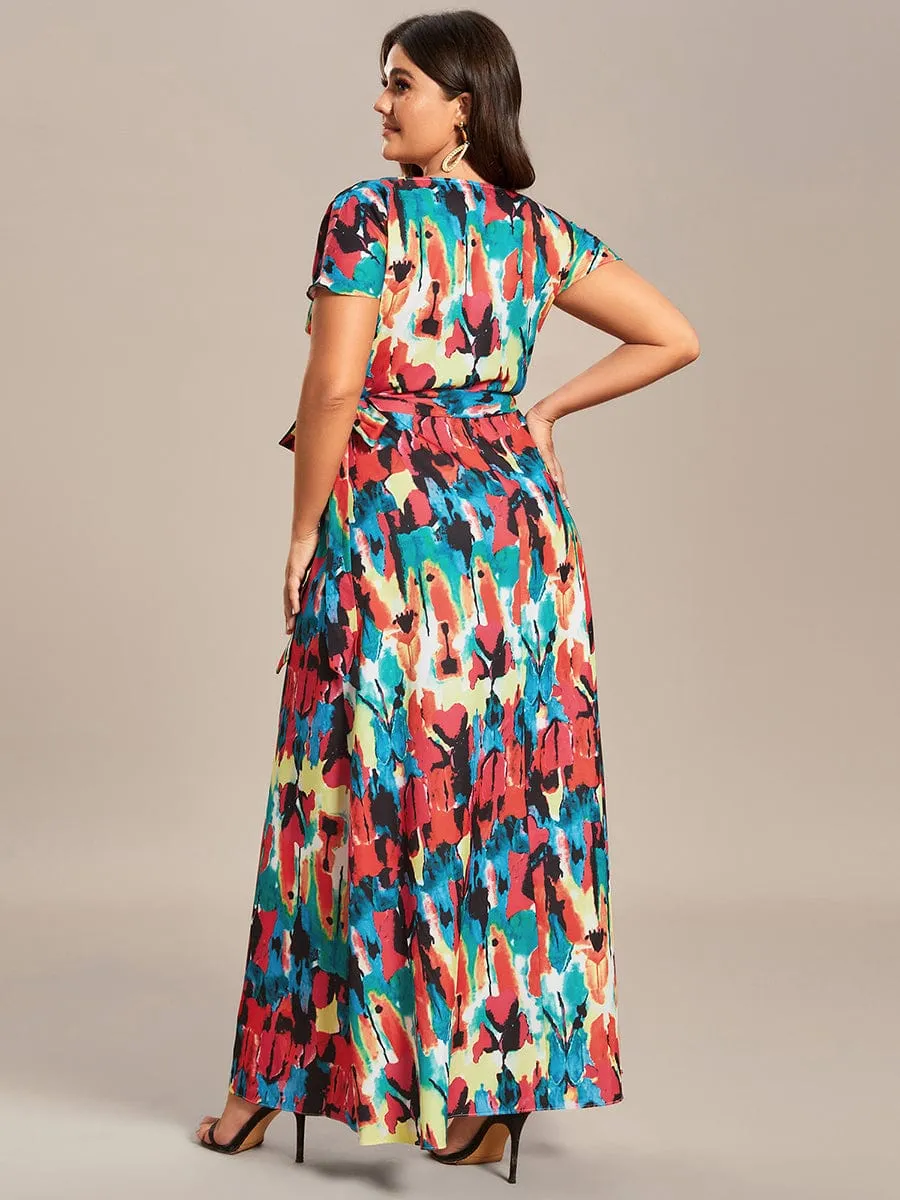 One-Piece Printed Short Sleeve Tie-Waist Wedding Guest Dress(Final Sale)