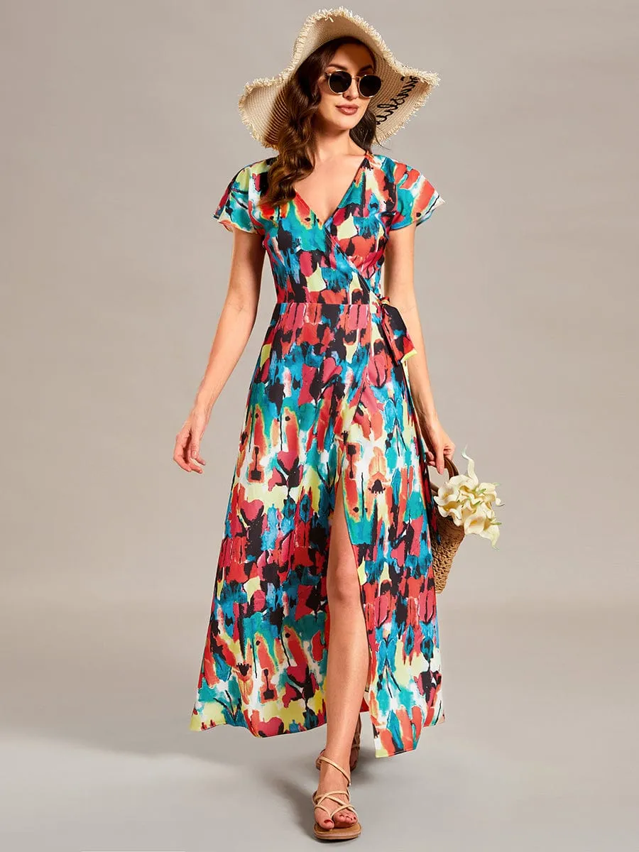 One-Piece Printed Short Sleeve Tie-Waist Wedding Guest Dress(Final Sale)