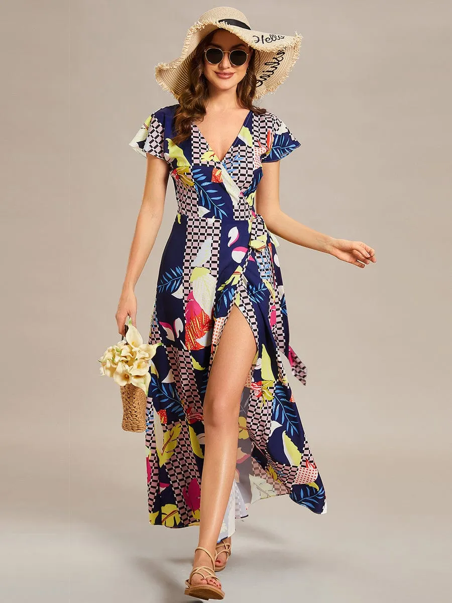 One-Piece Printed Short Sleeve Tie-Waist Wedding Guest Dress(Final Sale)