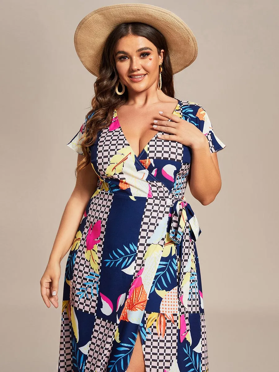 One-Piece Printed Short Sleeve Tie-Waist Wedding Guest Dress(Final Sale)