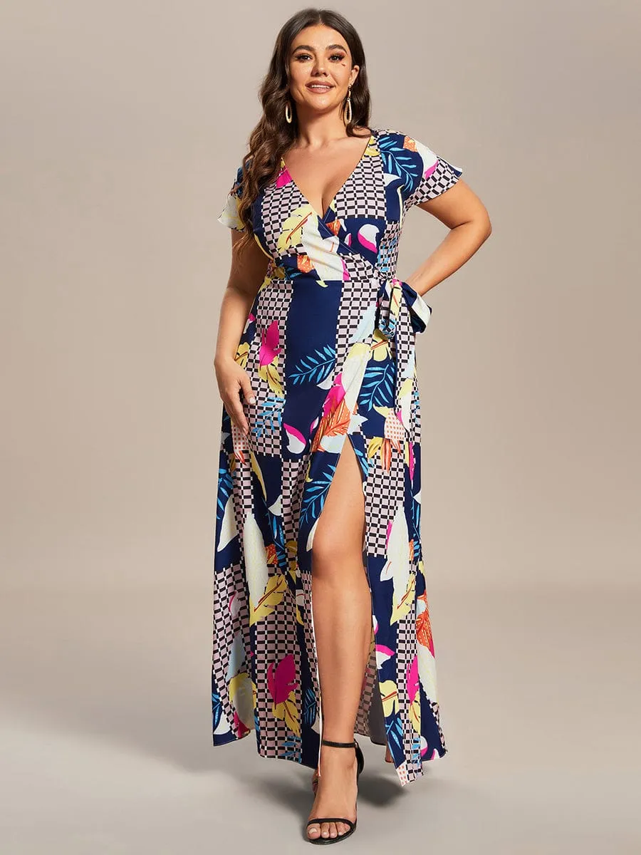 One-Piece Printed Short Sleeve Tie-Waist Wedding Guest Dress(Final Sale)