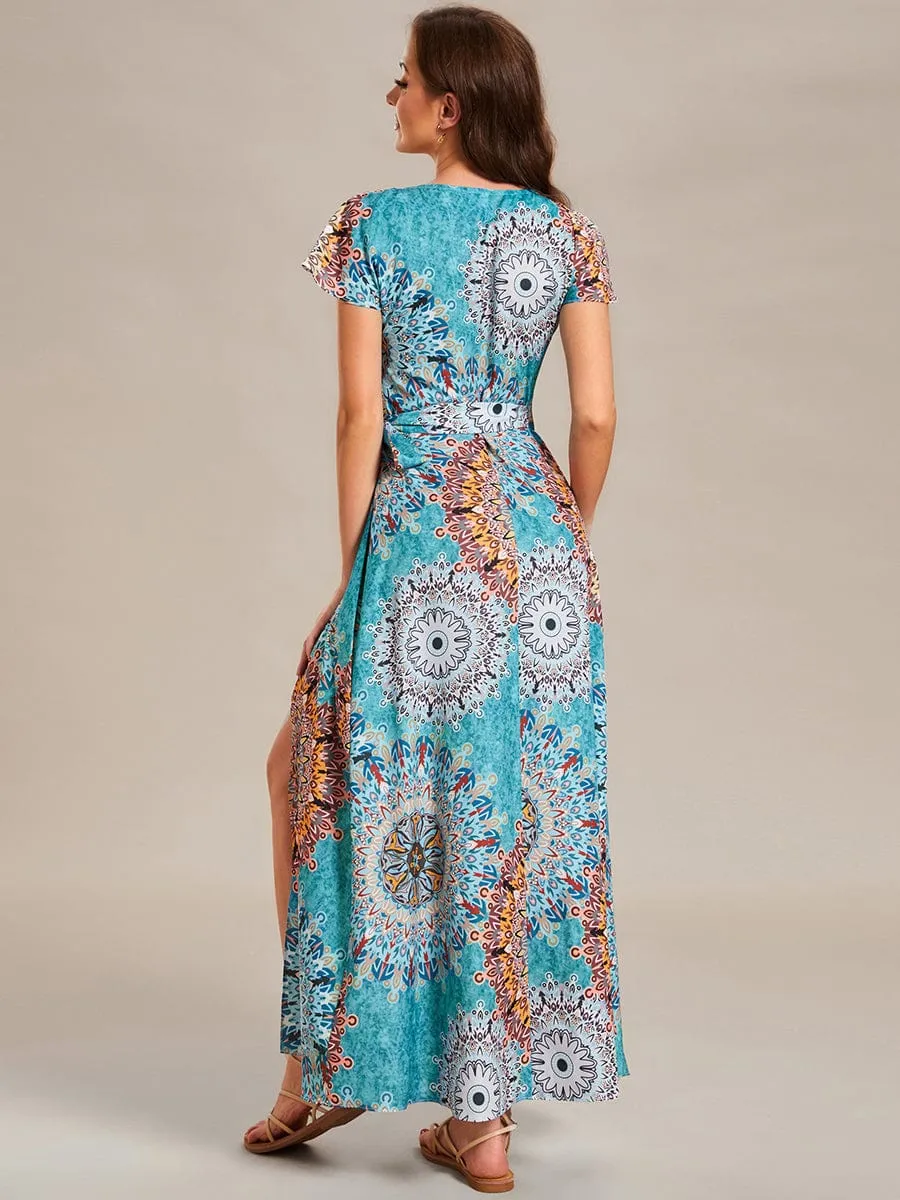 One-Piece Printed Short Sleeve Tie-Waist Wedding Guest Dress(Final Sale)
