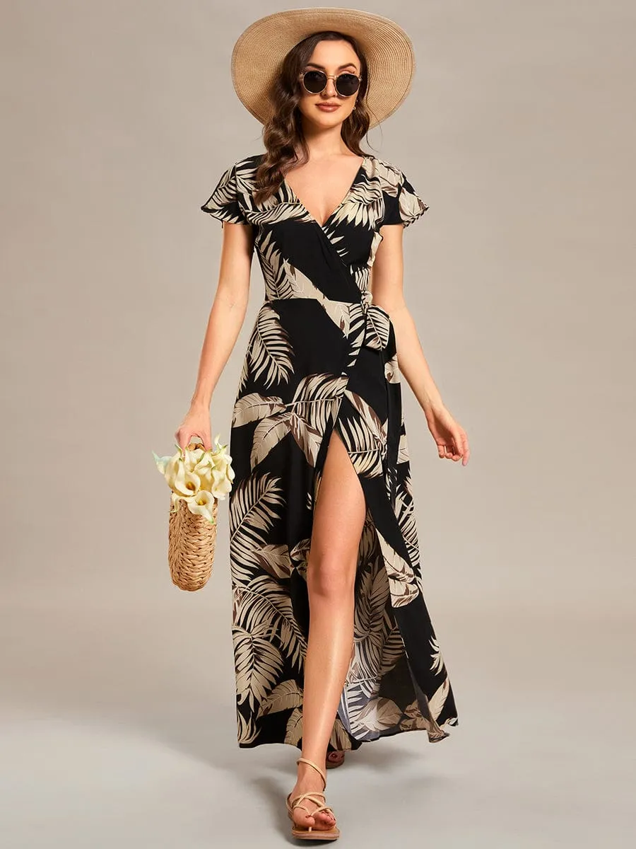 One-Piece Printed Short Sleeve Tie-Waist Wedding Guest Dress(Final Sale)