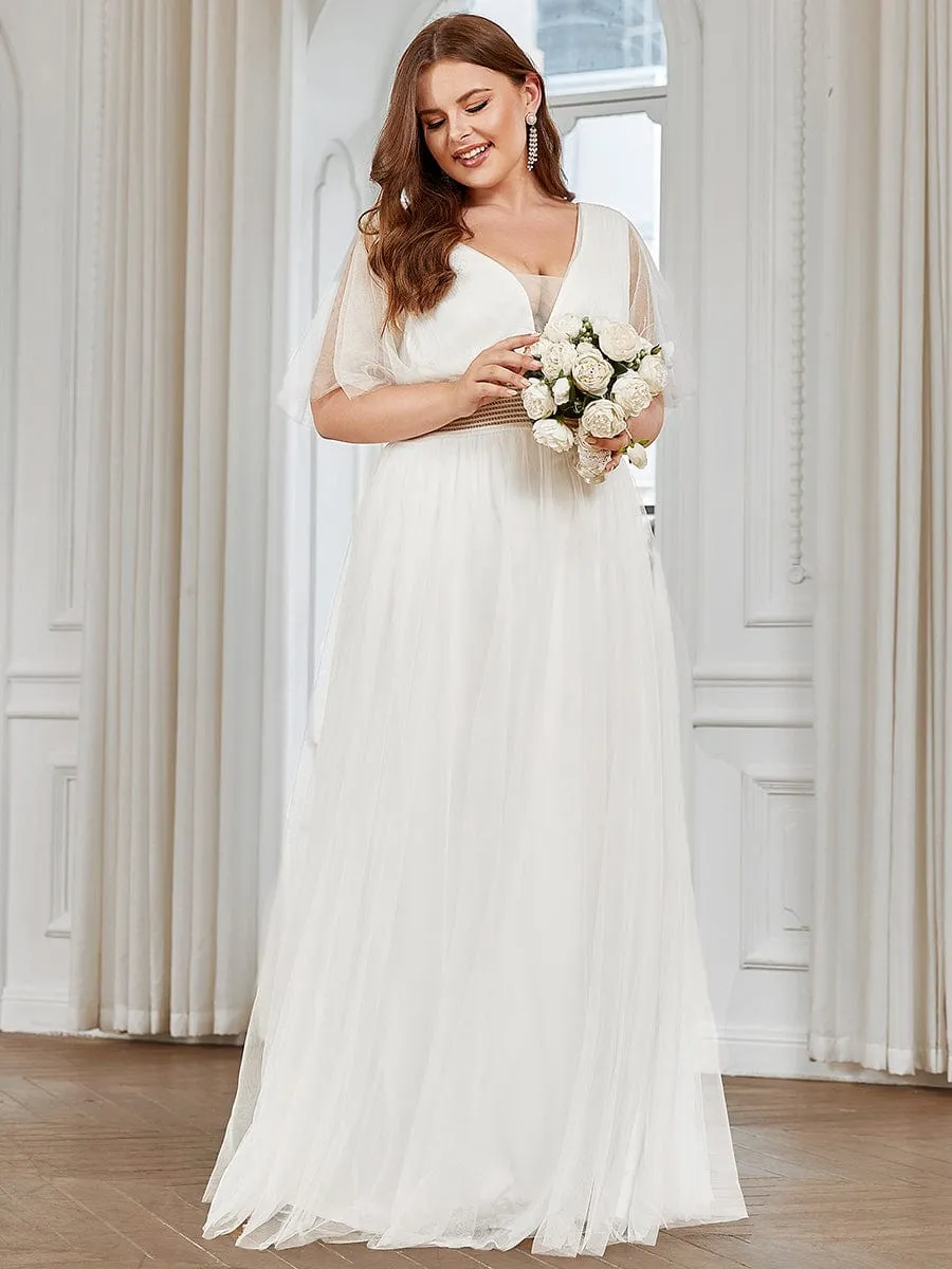 Pleated A-Line Short Sleeve Double V-Neck Tulle Bridesmaid Dress(Final Sale)