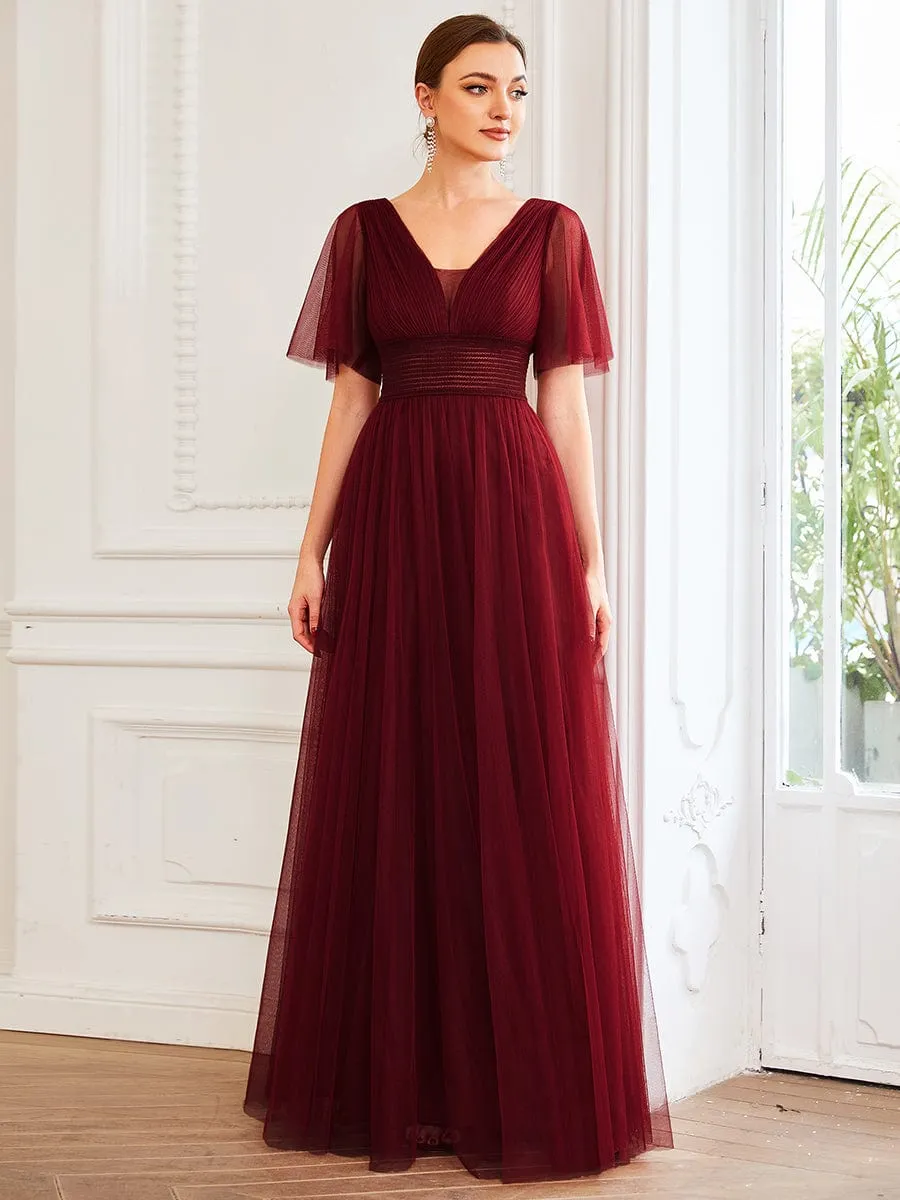 Pleated A-Line Short Sleeve Double V-Neck Tulle Bridesmaid Dress(Final Sale)