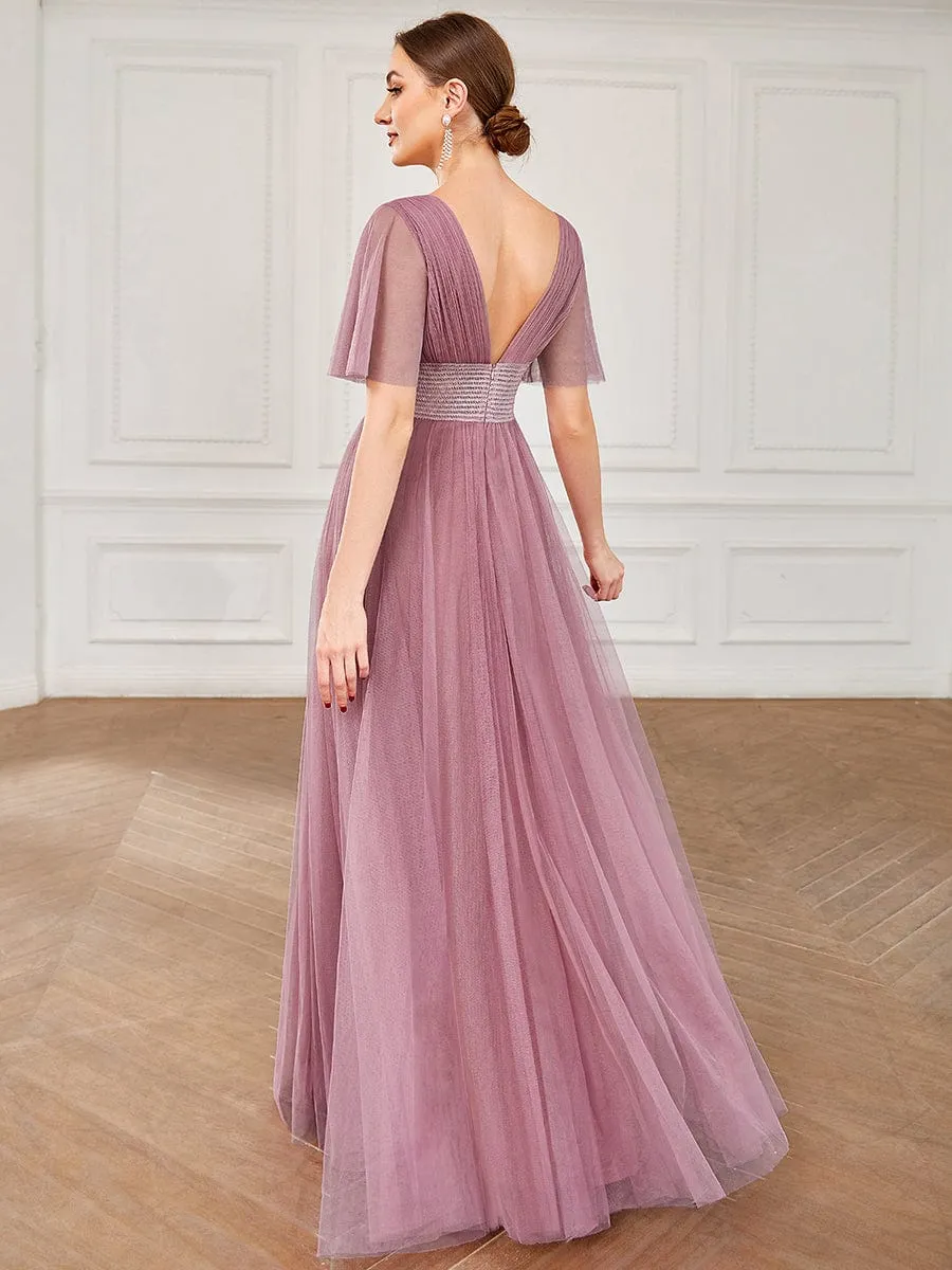 Pleated A-Line Short Sleeve Double V-Neck Tulle Bridesmaid Dress(Final Sale)