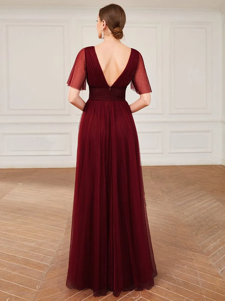 Pleated A-Line Short Sleeve Double V-Neck Tulle Bridesmaid Dress(Final Sale)