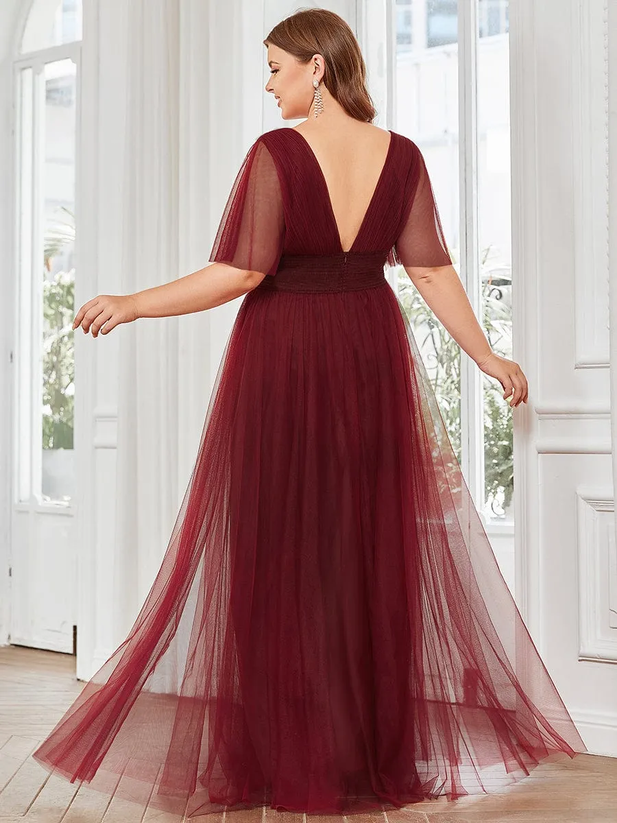 Pleated A-Line Short Sleeve Double V-Neck Tulle Bridesmaid Dress(Final Sale)