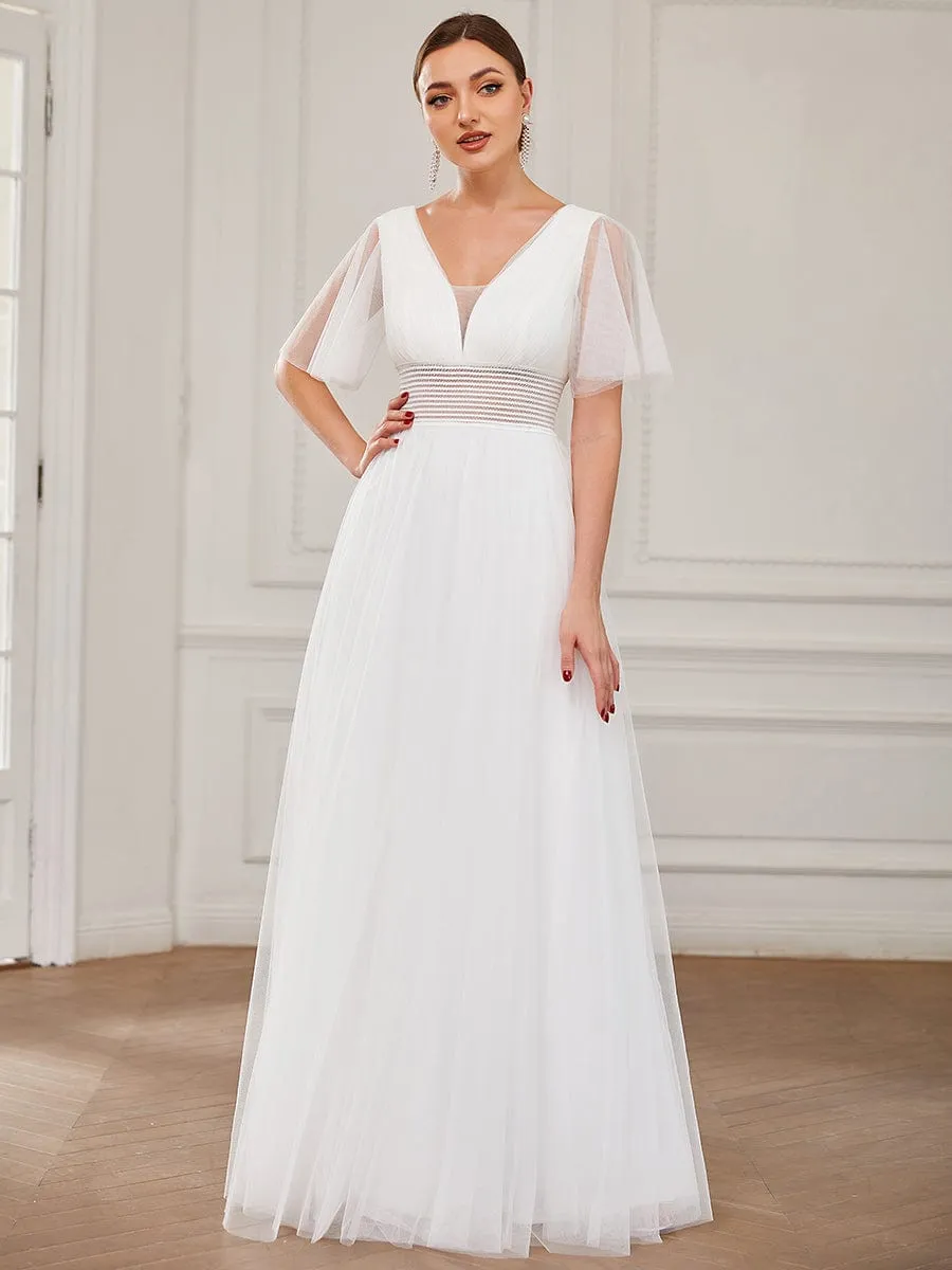 Pleated A-Line Short Sleeve Double V-Neck Tulle Bridesmaid Dress(Final Sale)