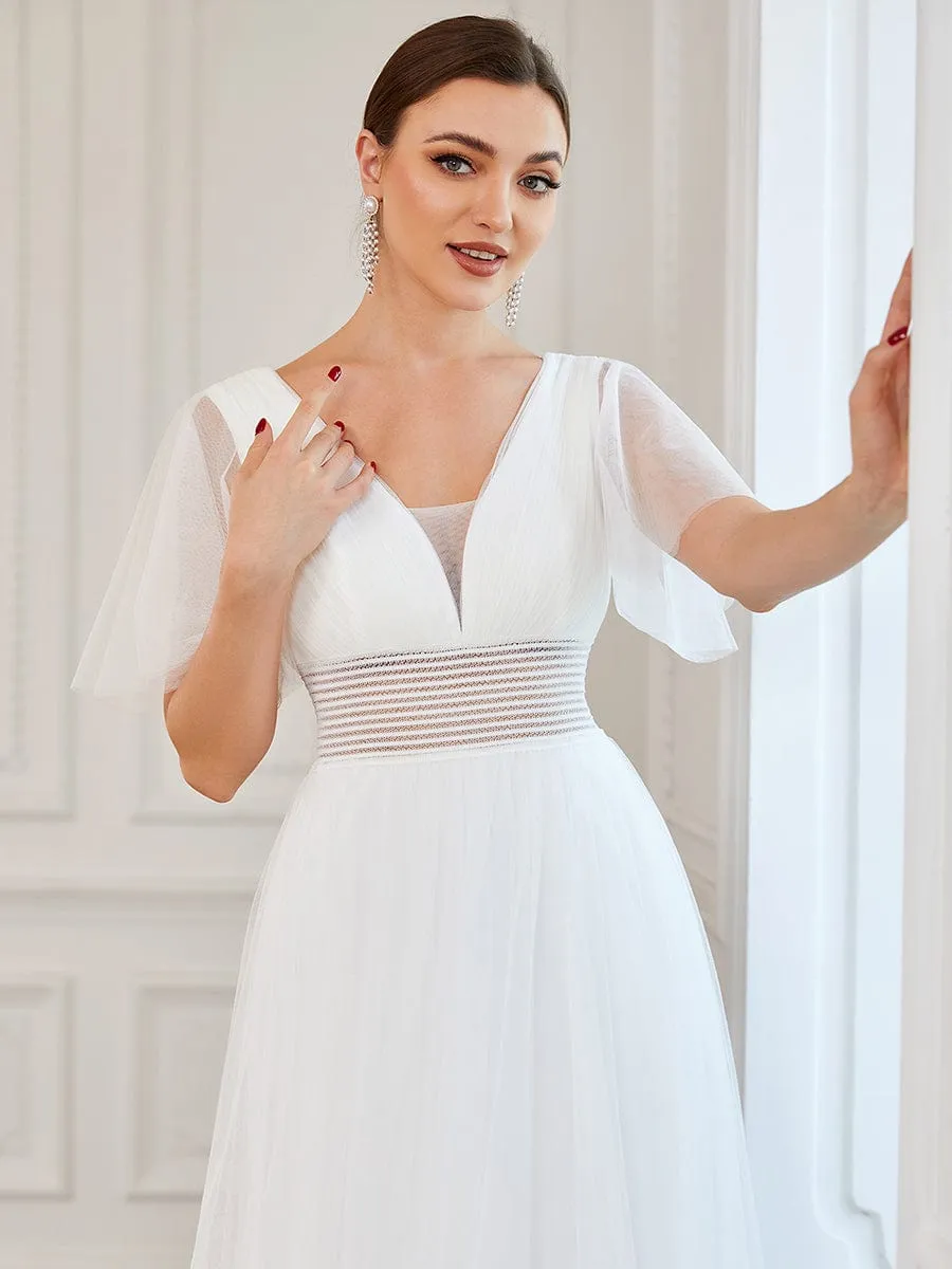 Pleated A-Line Short Sleeve Double V-Neck Tulle Bridesmaid Dress(Final Sale)