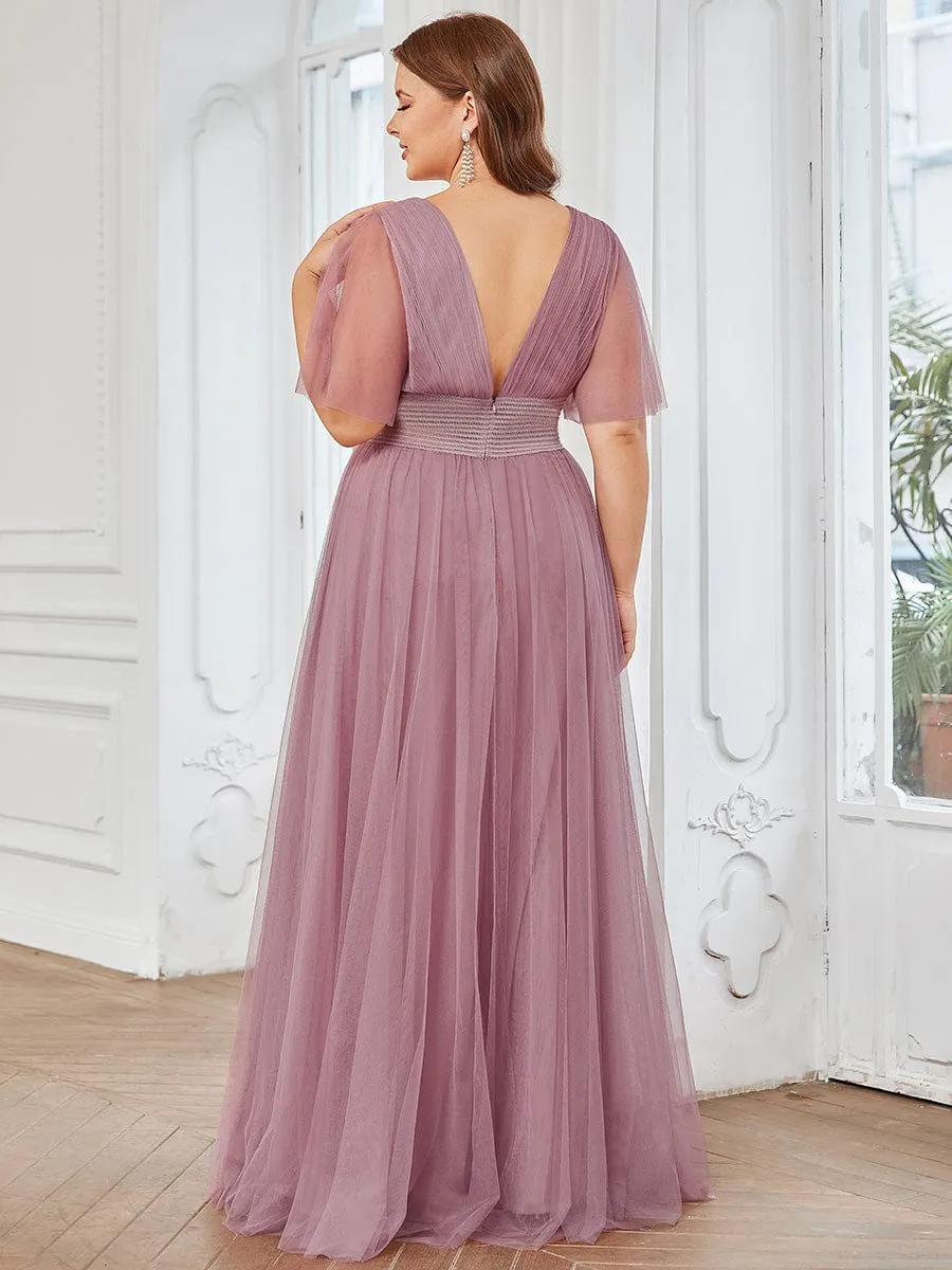 Pleated A-Line Short Sleeve Double V-Neck Tulle Bridesmaid Dress(Final Sale)