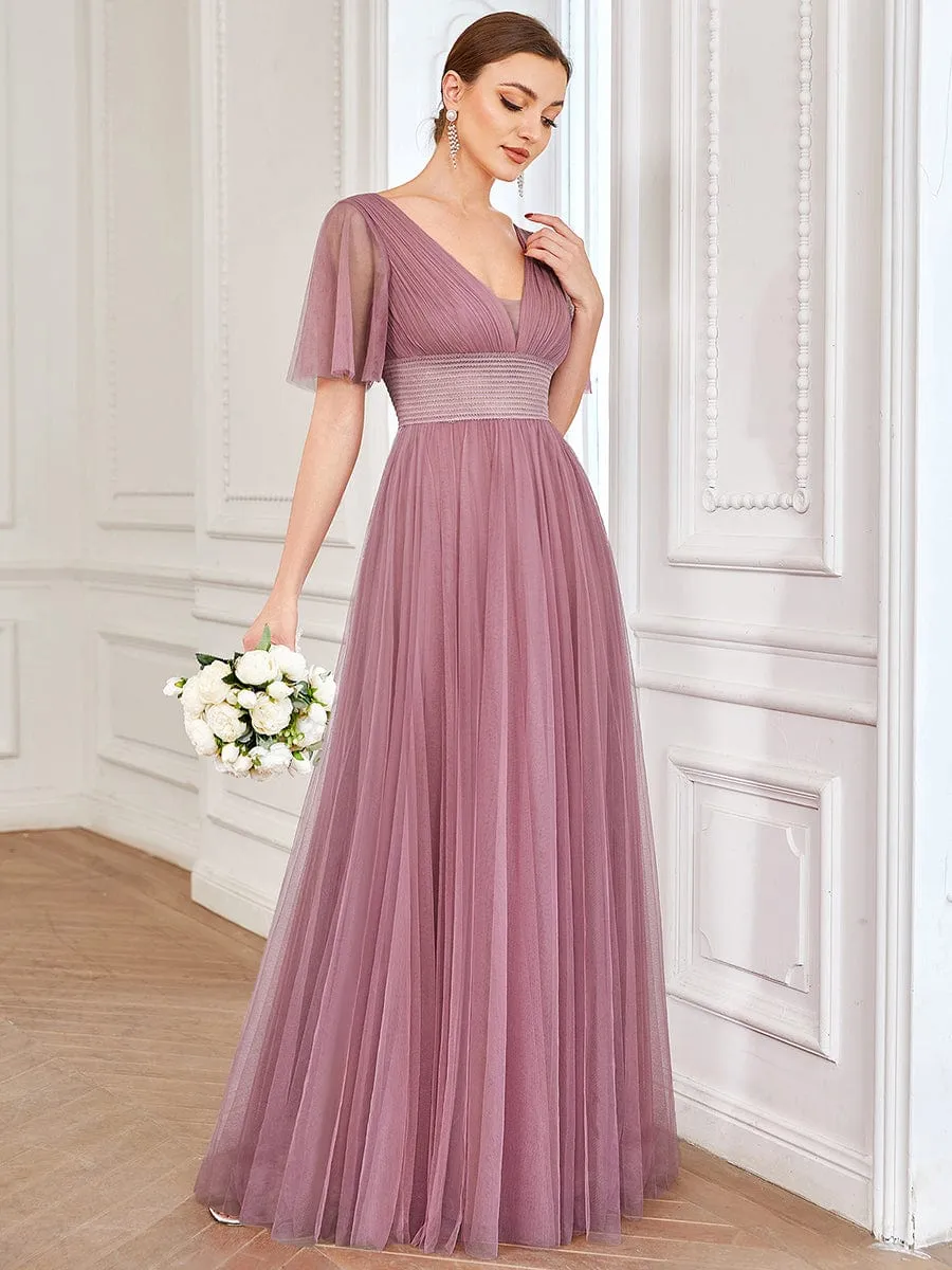 Pleated A-Line Short Sleeve Double V-Neck Tulle Bridesmaid Dress(Final Sale)
