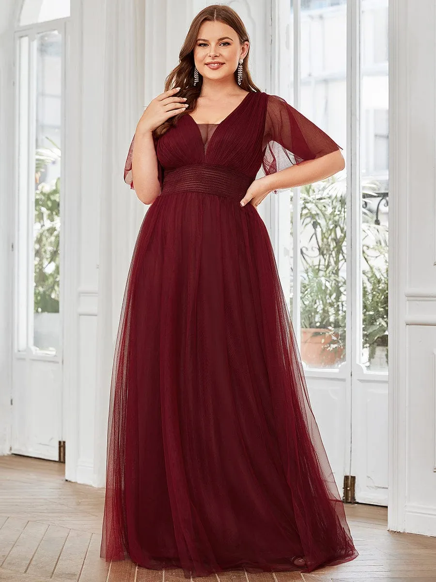 Pleated A-Line Short Sleeve Double V-Neck Tulle Bridesmaid Dress(Final Sale)