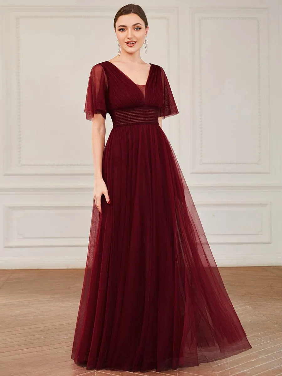 Pleated A-Line Short Sleeve Double V-Neck Tulle Bridesmaid Dress(Final Sale)