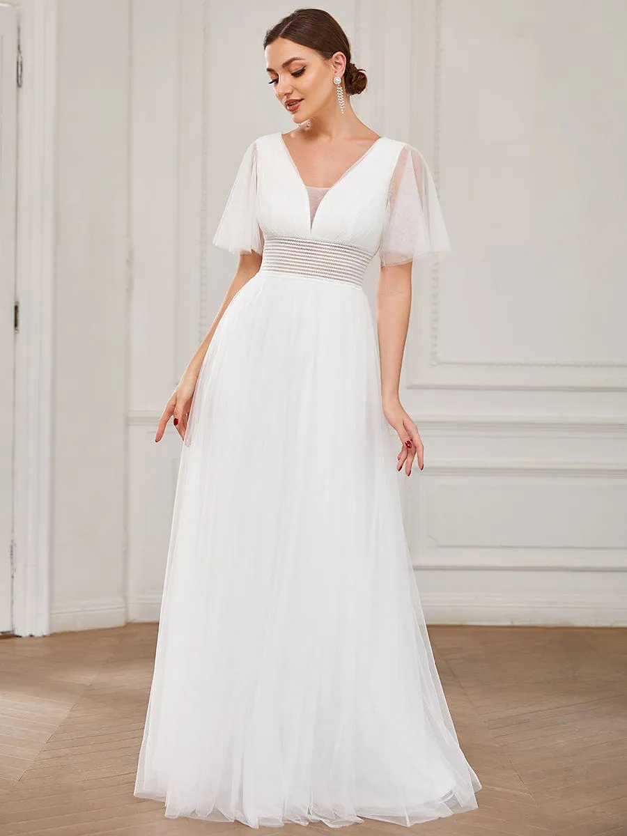 Pleated A-Line Short Sleeve Double V-Neck Tulle Bridesmaid Dress(Final Sale)