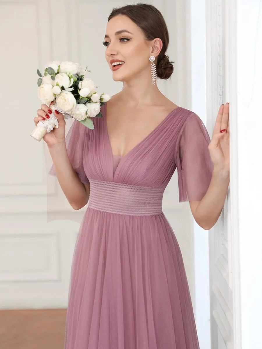 Pleated A-Line Short Sleeve Double V-Neck Tulle Bridesmaid Dress(Final Sale)
