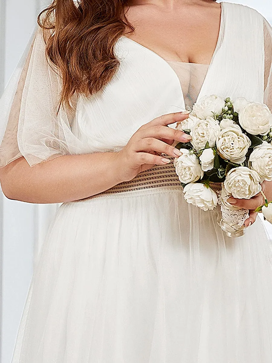 Pleated A-Line Short Sleeve Double V-Neck Tulle Bridesmaid Dress(Final Sale)