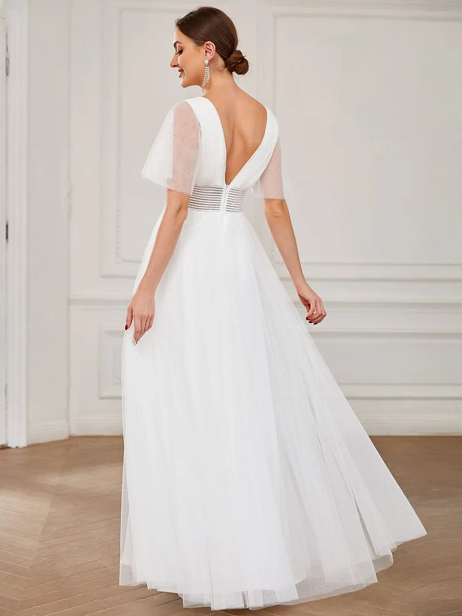 Pleated A-Line Short Sleeve Double V-Neck Tulle Bridesmaid Dress(Final Sale)
