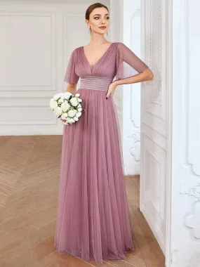 Pleated A-Line Short Sleeve Double V-Neck Tulle Bridesmaid Dress(Final Sale)