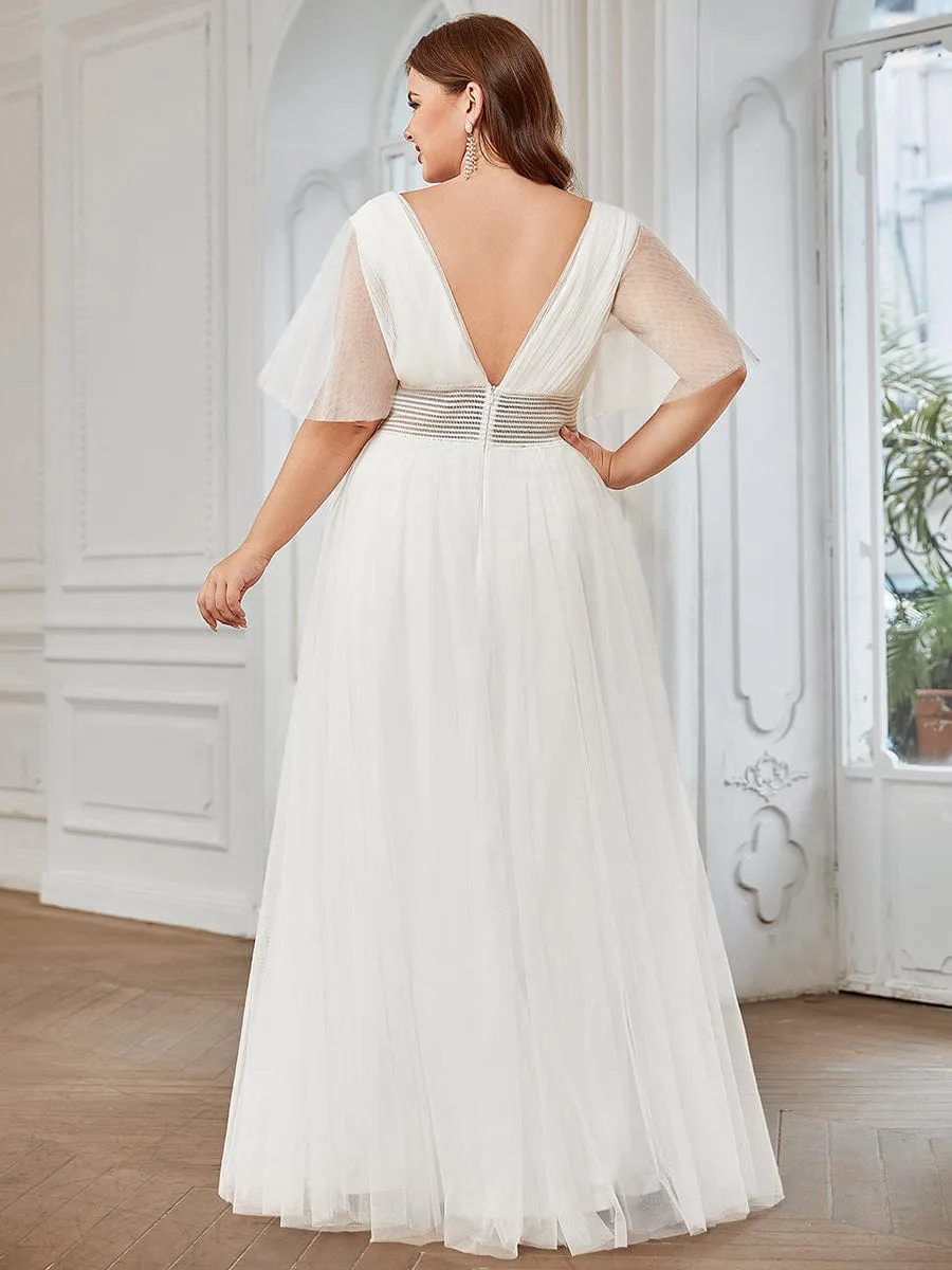 Pleated A-Line Short Sleeve Double V-Neck Tulle Bridesmaid Dress(Final Sale)