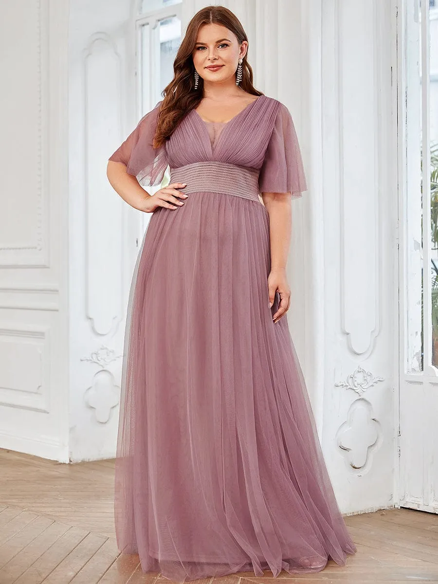 Pleated A-Line Short Sleeve Double V-Neck Tulle Bridesmaid Dress(Final Sale)