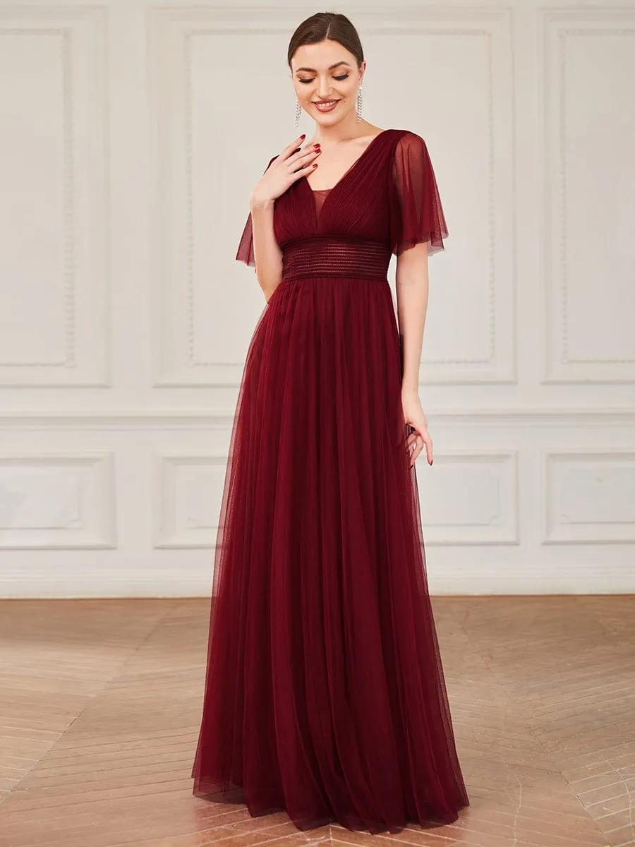 Pleated A-Line Short Sleeve Double V-Neck Tulle Bridesmaid Dress(Final Sale)