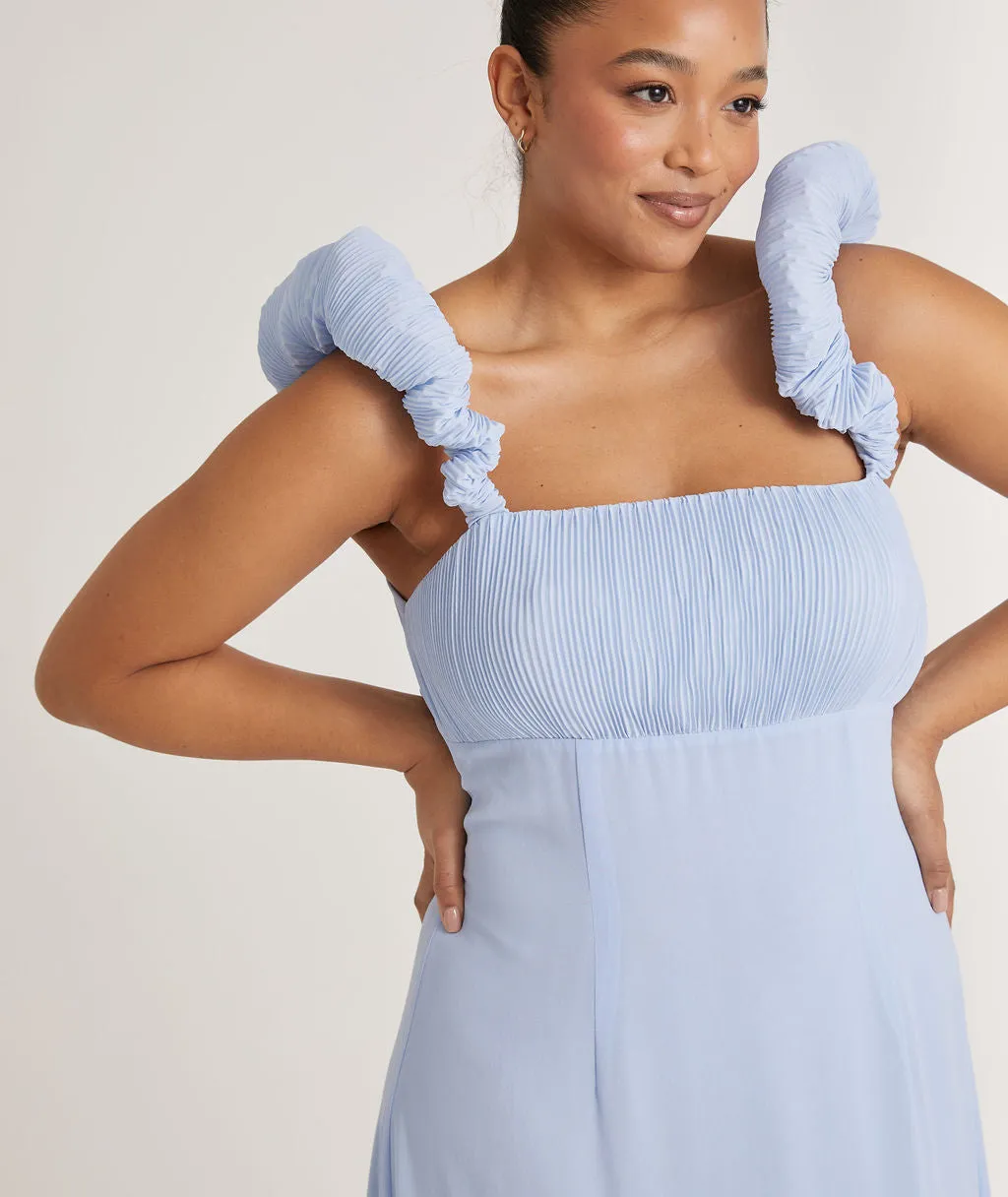 Pleated Statement Shoulder Chiffon Bridesmaid Dress - Cornflower Blue