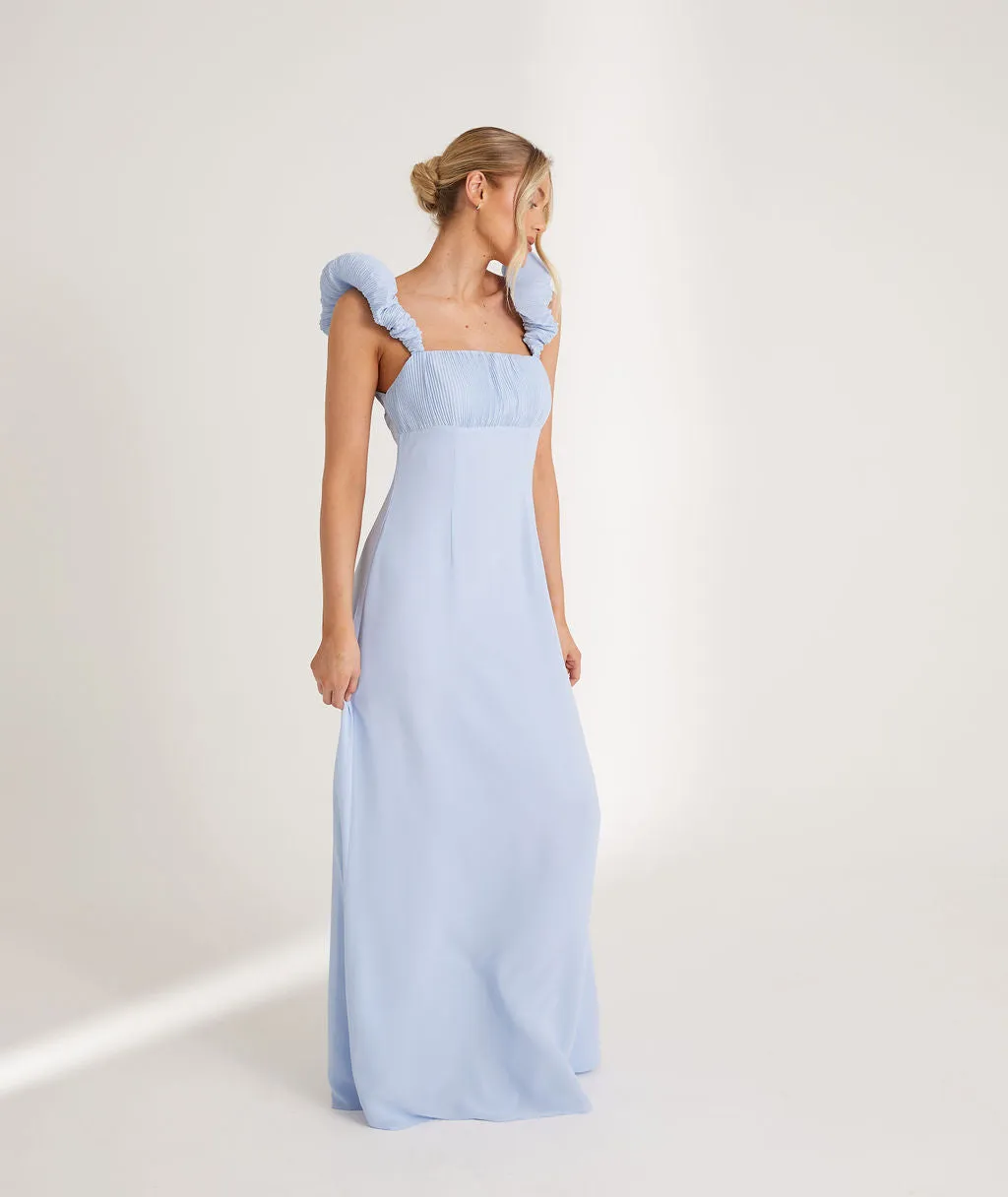 Pleated Statement Shoulder Chiffon Bridesmaid Dress - Cornflower Blue