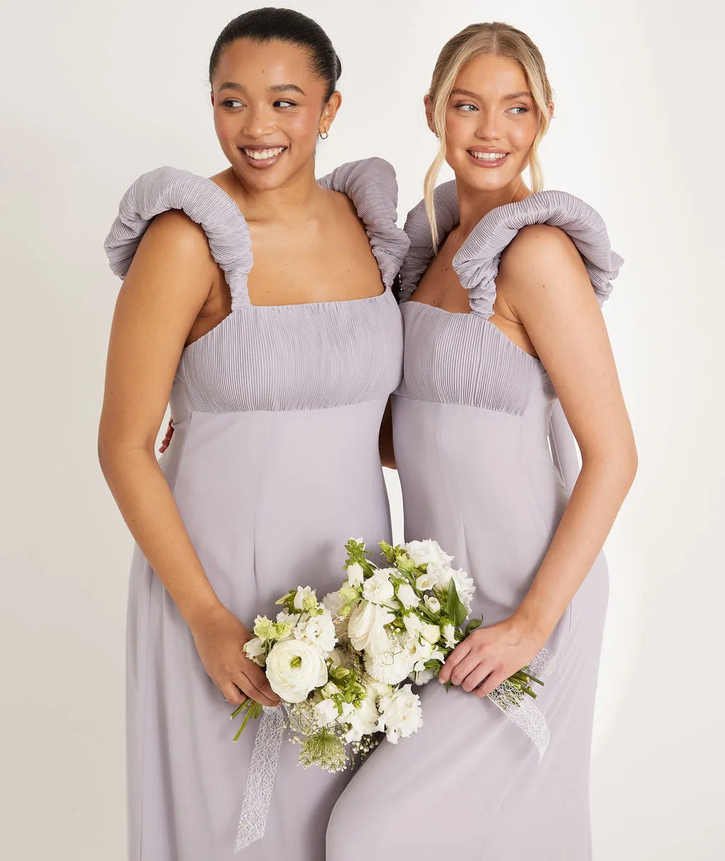 Pleated Statement Shoulder Chiffon Bridesmaid Dress - Dusty Lilac