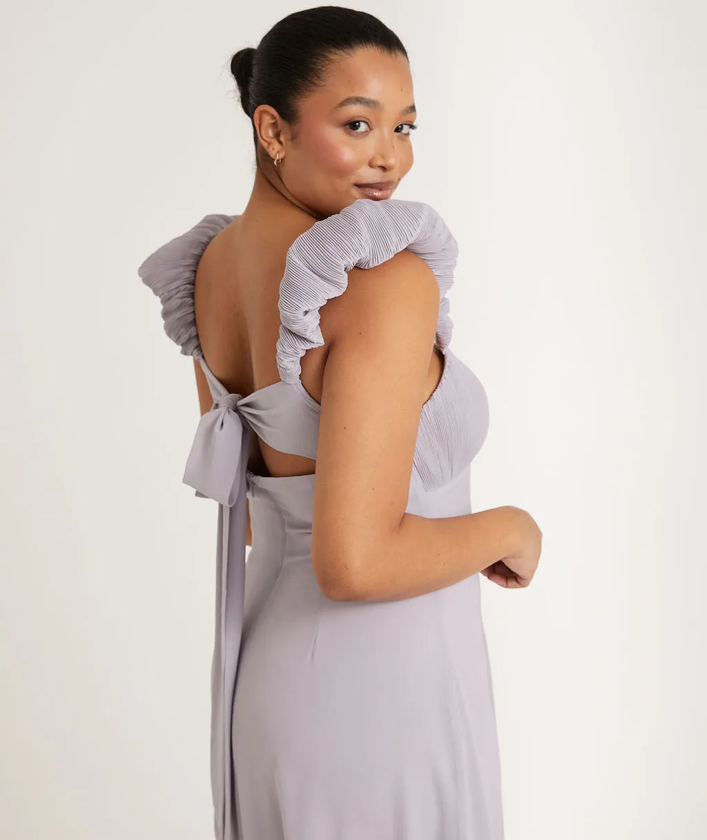 Pleated Statement Shoulder Chiffon Bridesmaid Dress - Dusty Lilac