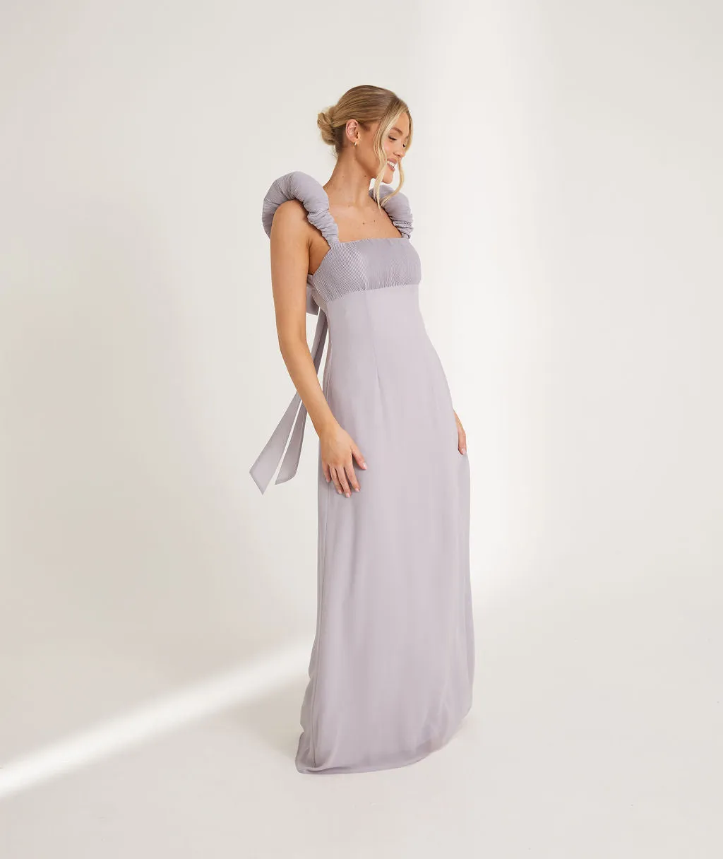 Pleated Statement Shoulder Chiffon Bridesmaid Dress - Dusty Lilac