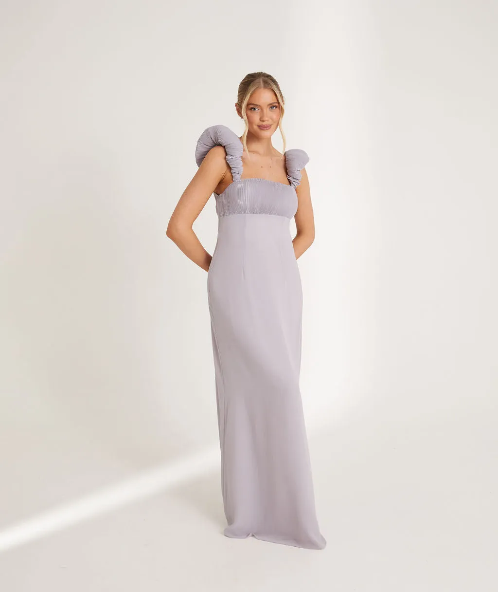 Pleated Statement Shoulder Chiffon Bridesmaid Dress - Dusty Lilac