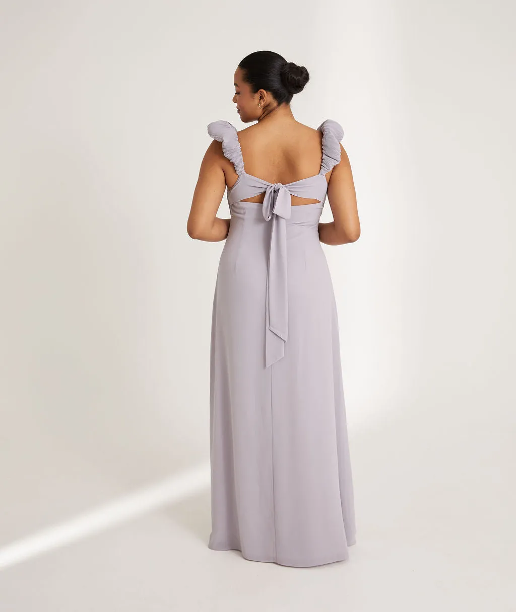Pleated Statement Shoulder Chiffon Bridesmaid Dress - Dusty Lilac