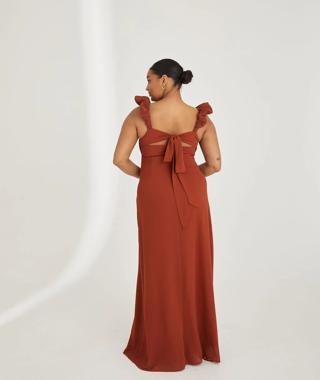 Pleated Statement Shoulder Chiffon Bridesmaid Dress - Rust