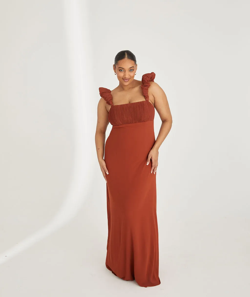 Pleated Statement Shoulder Chiffon Bridesmaid Dress - Rust
