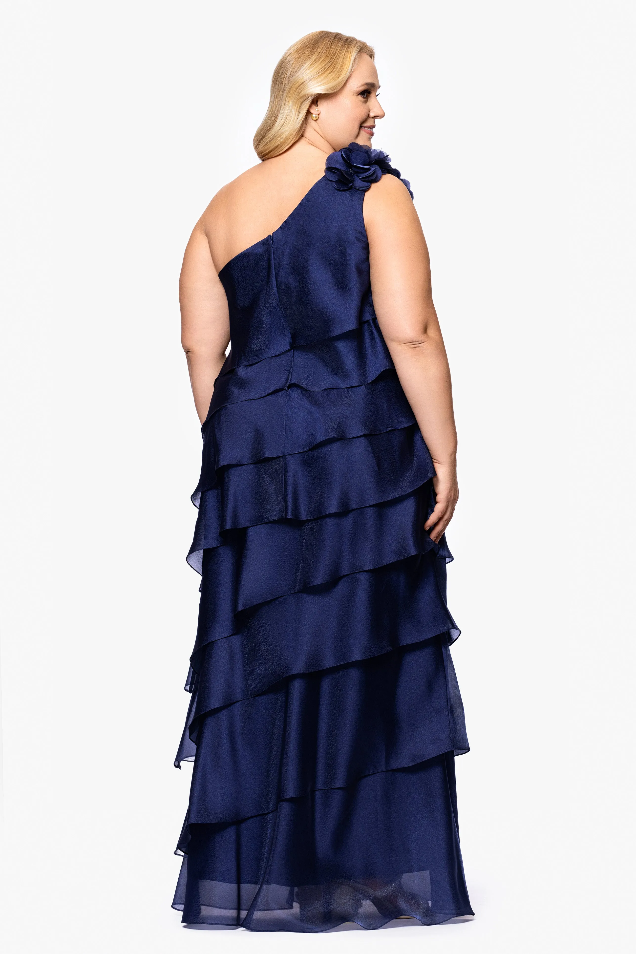 Plus "Rosina" Long Metallic Organza Tiered One-Shoulder Dress