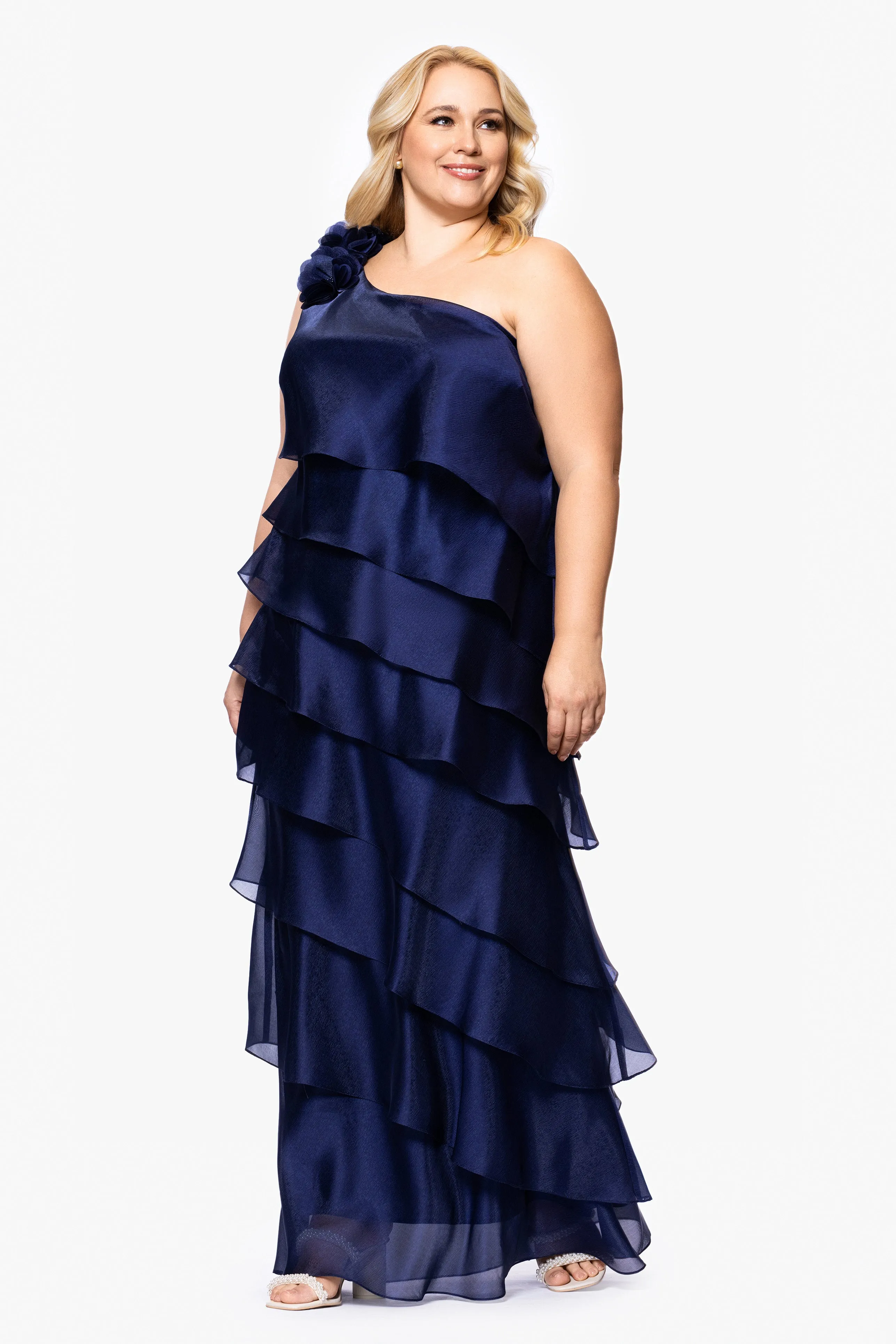 Plus "Rosina" Long Metallic Organza Tiered One-Shoulder Dress