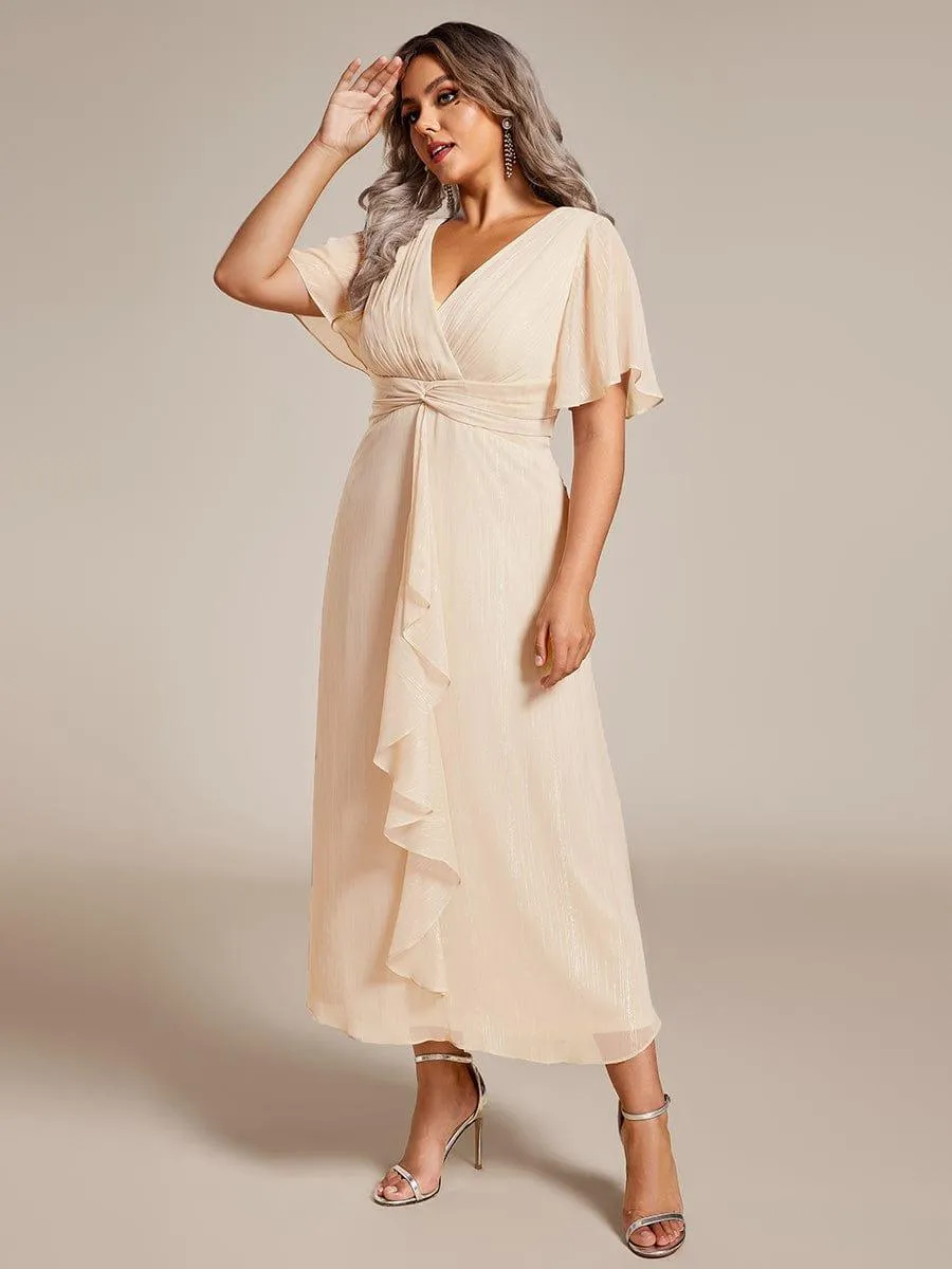 Plus Size Silver Metallic Fabric V-Neck A-Line Wedding Guest Dress featuring Delicate Ruffled Hem